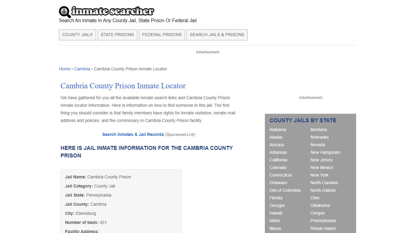 Cambria County Prison Inmate Locator - Inmate Searcher